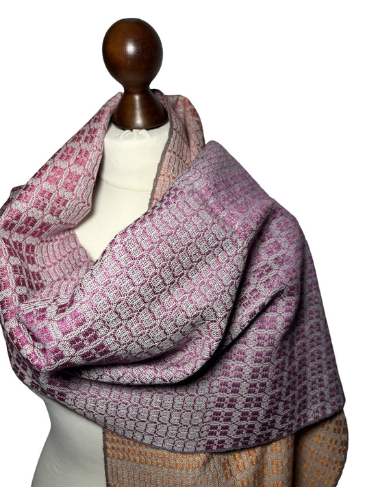 Hand-Woven Purple to Yellow Gradient Merino Wool and Silk Scarf