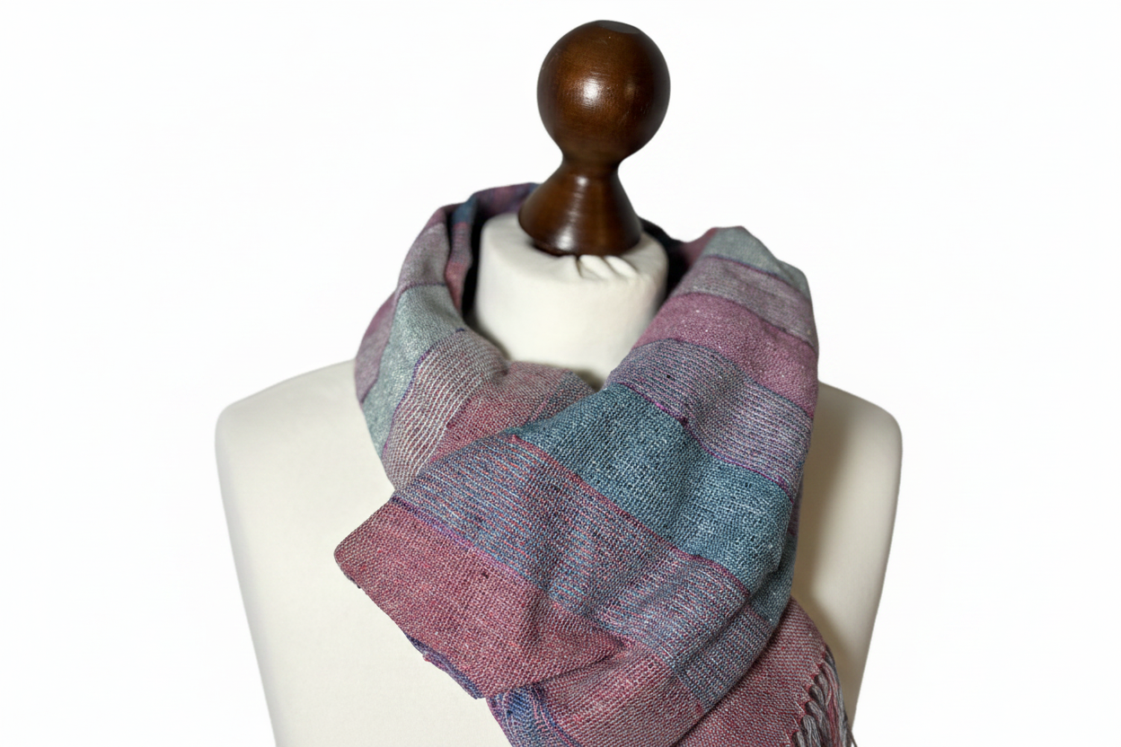 Hand-woven raspberry, green-striped silk scarf