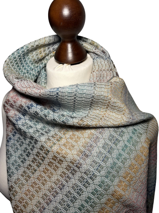 Hand-woven extra long rainbow gradient camel hair and silk scarf