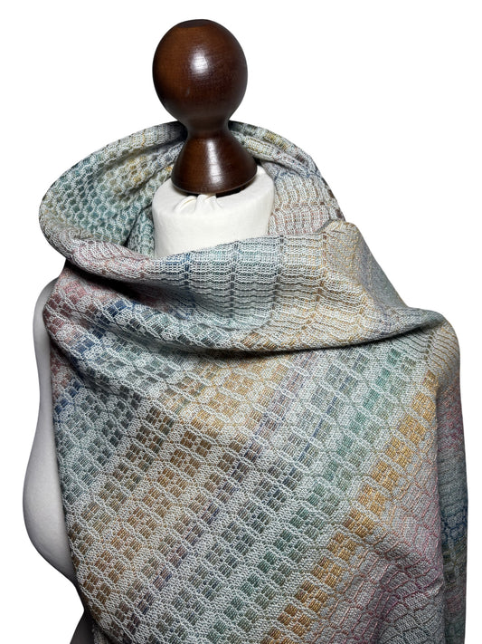 Hand-woven extra long rainbow gradient camel hair and silk scarf