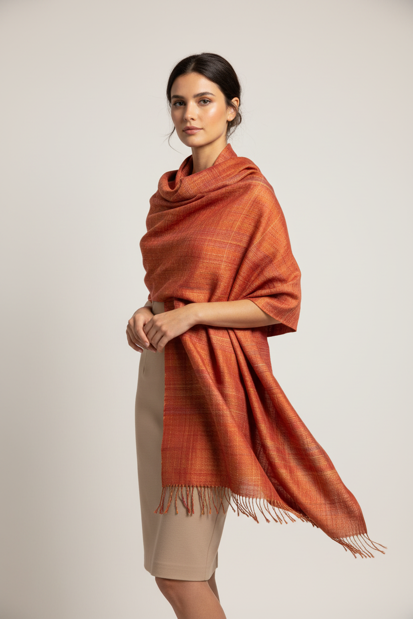 Brick Red Merino Silk Scarf modell