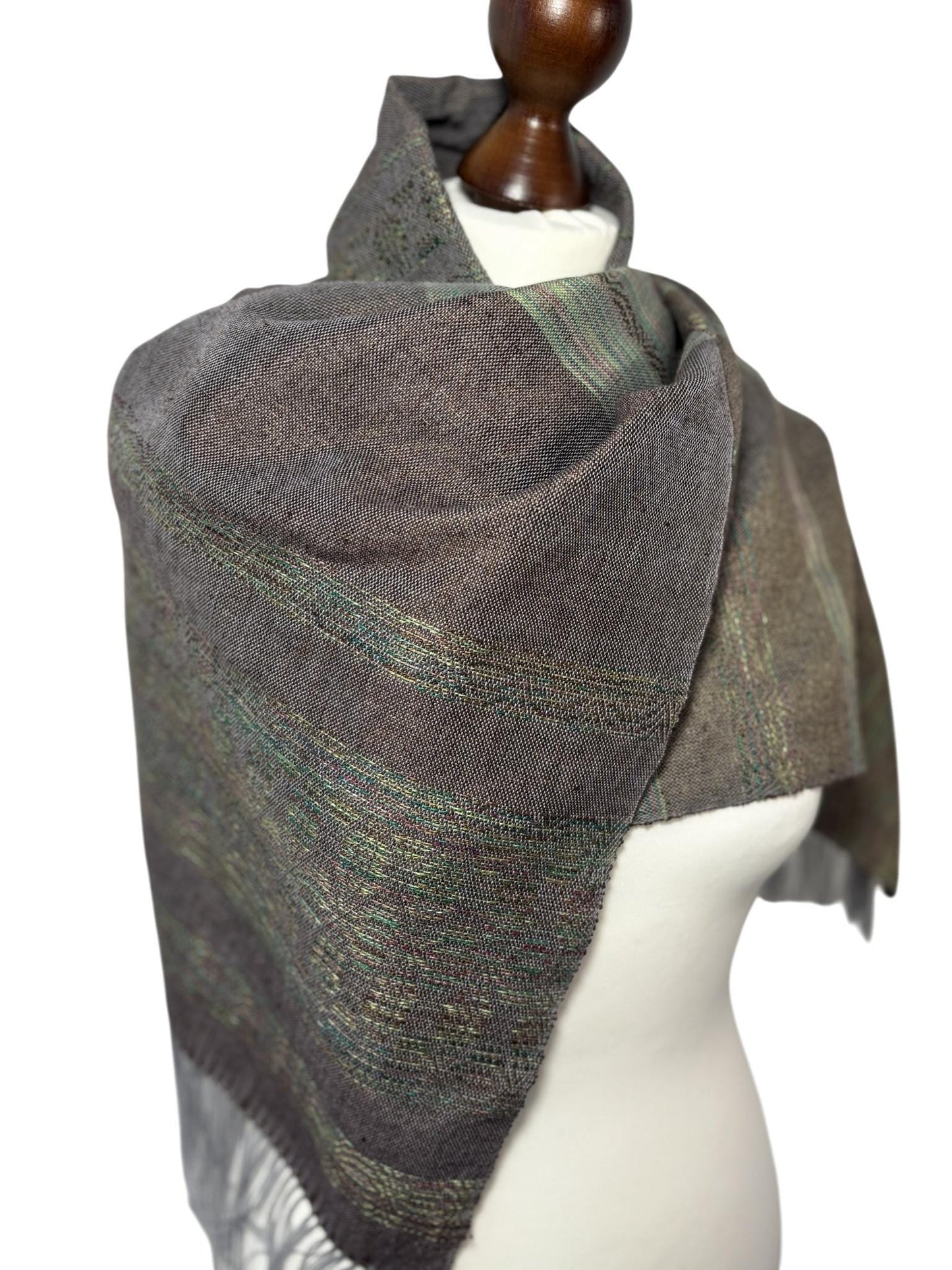 Handgefärbter Seide-Merino-Schal, handgewebter braun-grüner Schal, eleganter Wickel