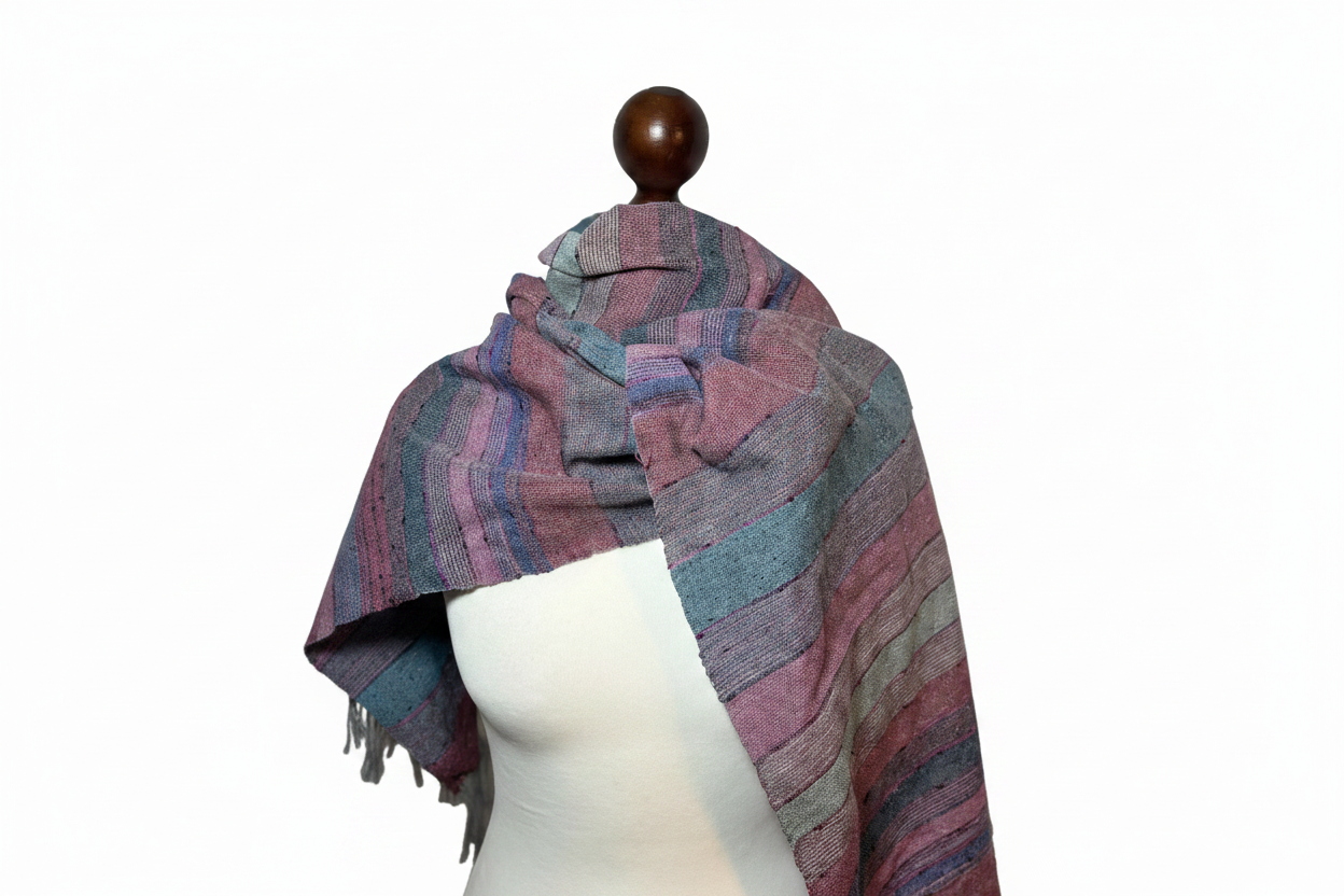 Hand-woven raspberry, green-striped silk scarf