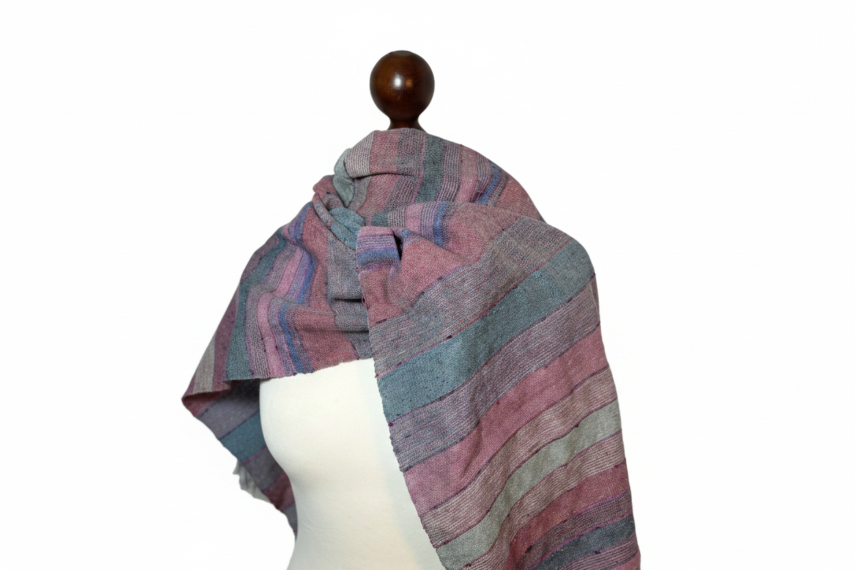 Hand-woven raspberry, green-striped silk scarf