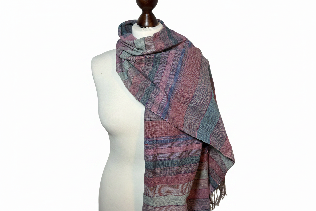 Hand-woven raspberry, green-striped silk scarf