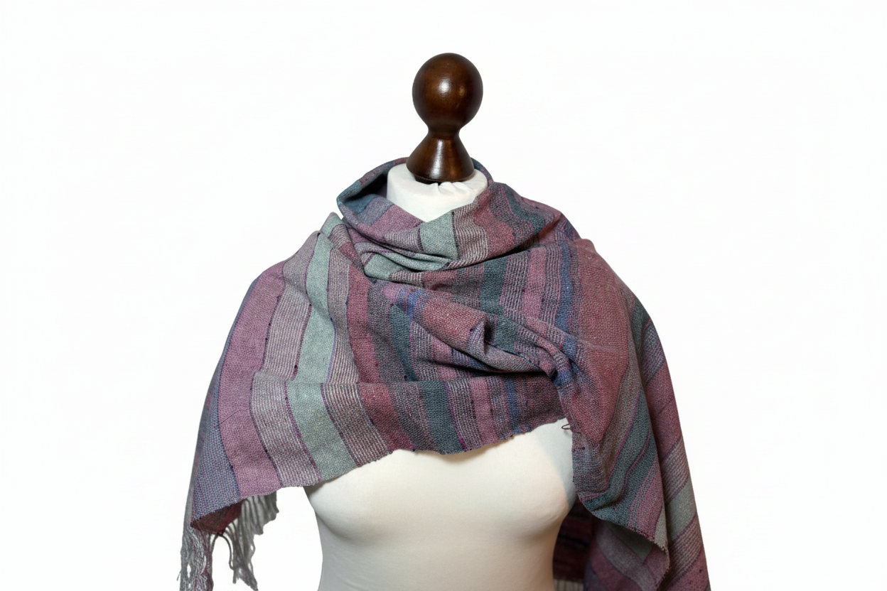 Hand-woven raspberry, green-striped silk scarf