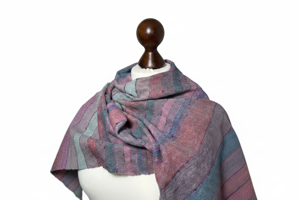 Hand-woven raspberry, green-striped silk scarf