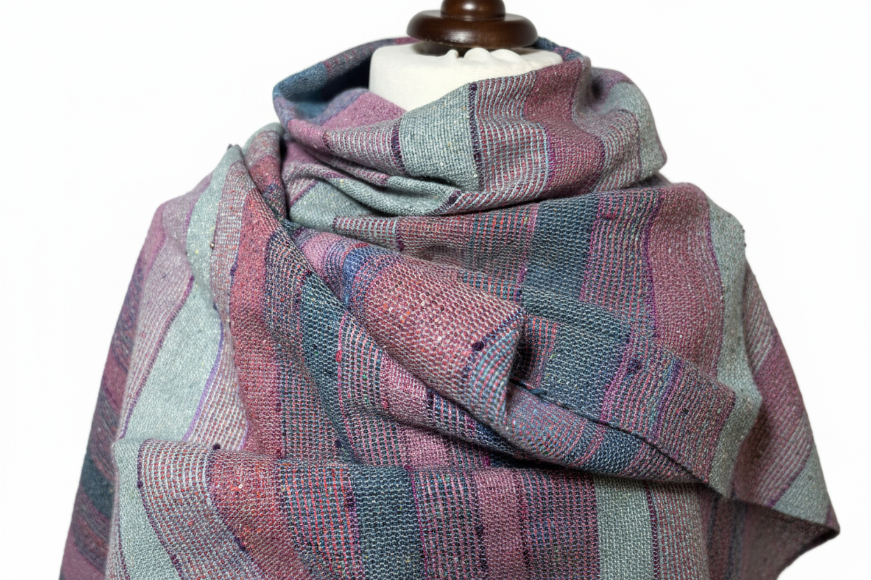 Hand-woven raspberry, green-striped silk scarf