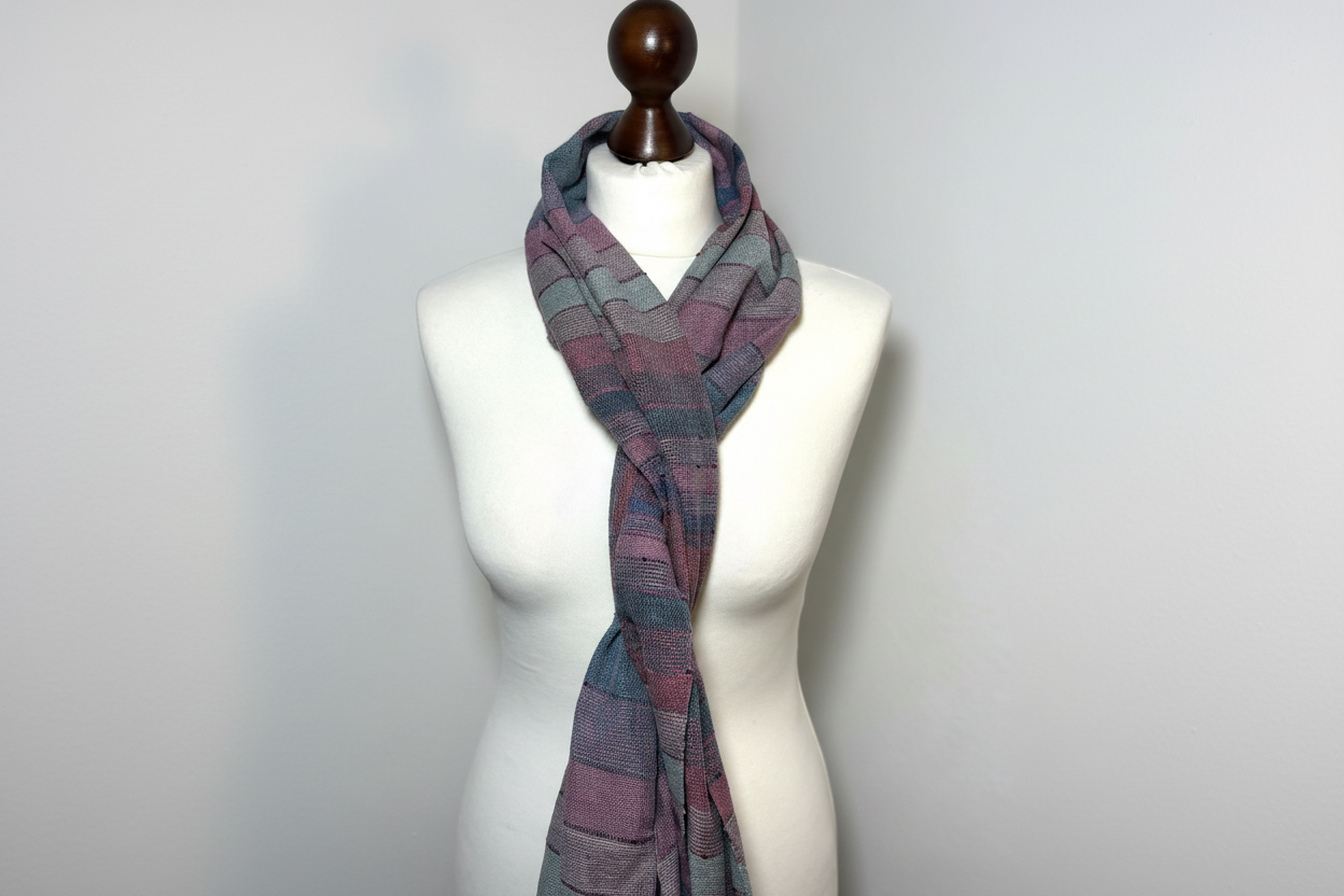 Hand-woven raspberry, green-striped silk scarf