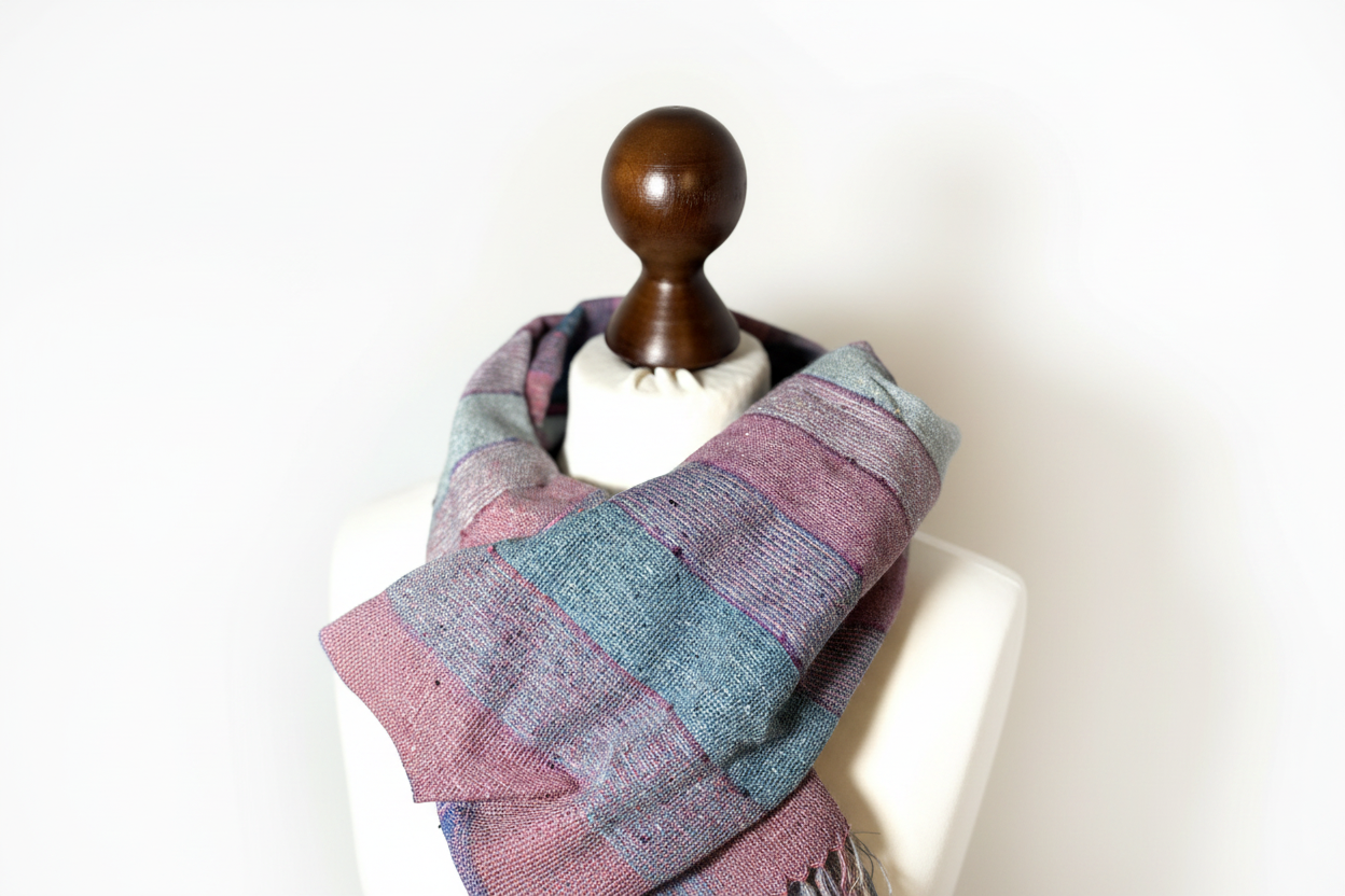 Hand-woven raspberry, green-striped silk scarf