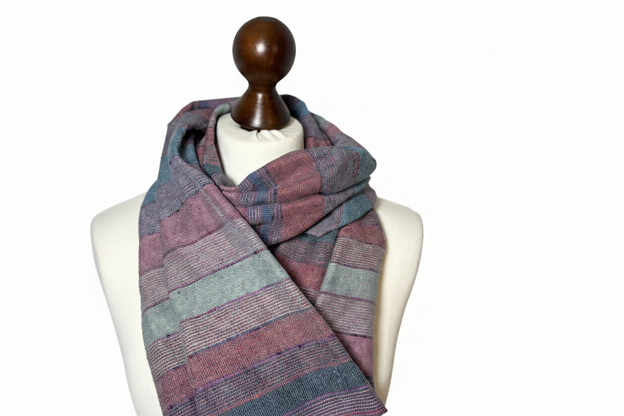 Hand-woven raspberry, green-striped silk scarf