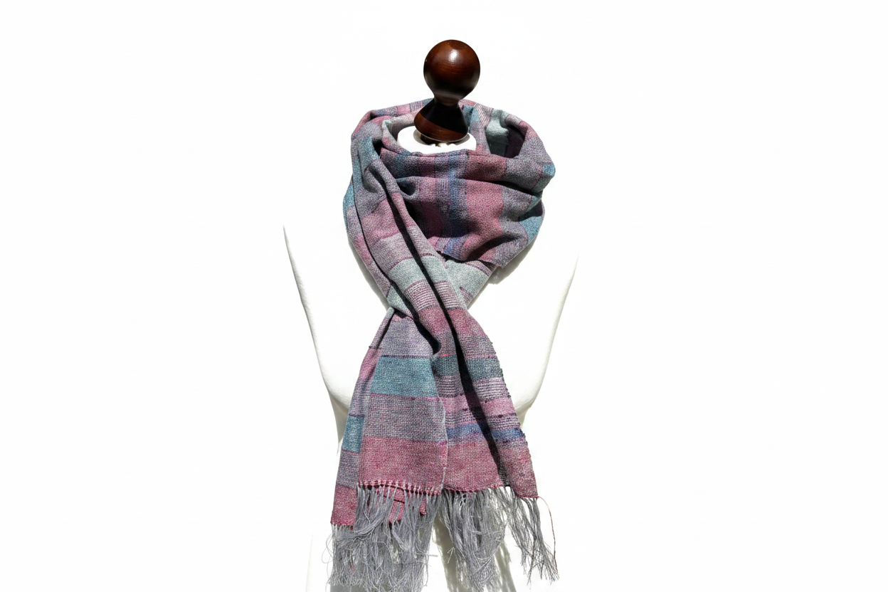 Hand-woven raspberry, green-striped silk scarf