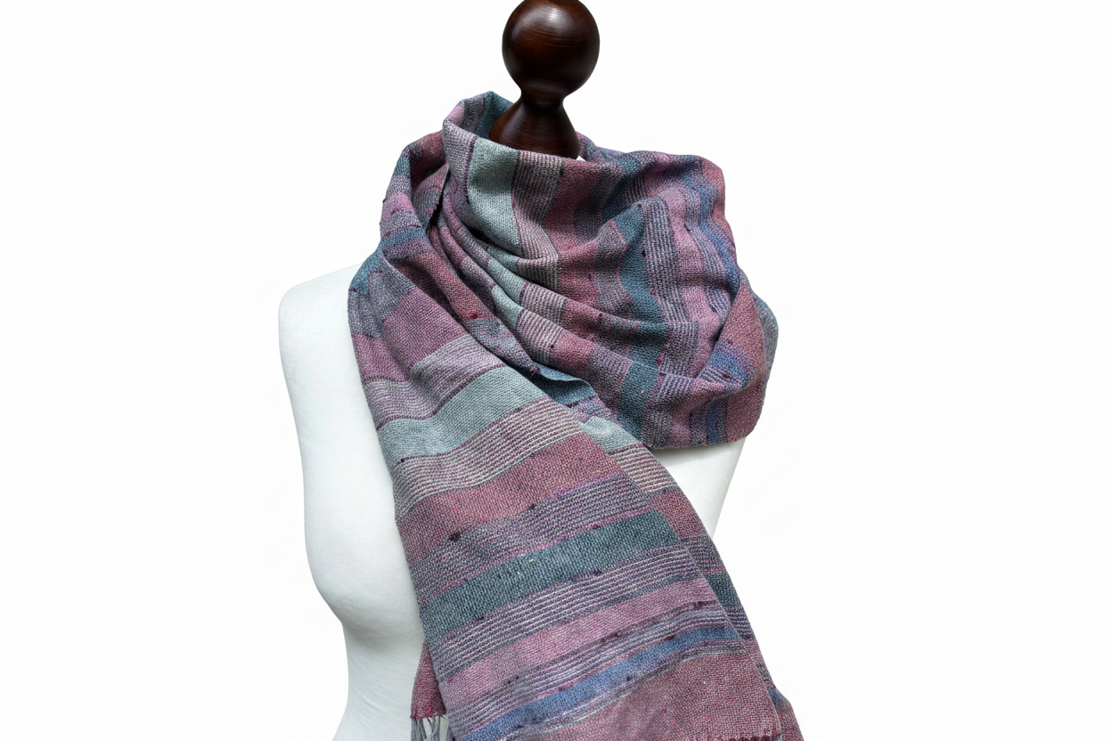 Hand-woven raspberry, green-striped silk scarf