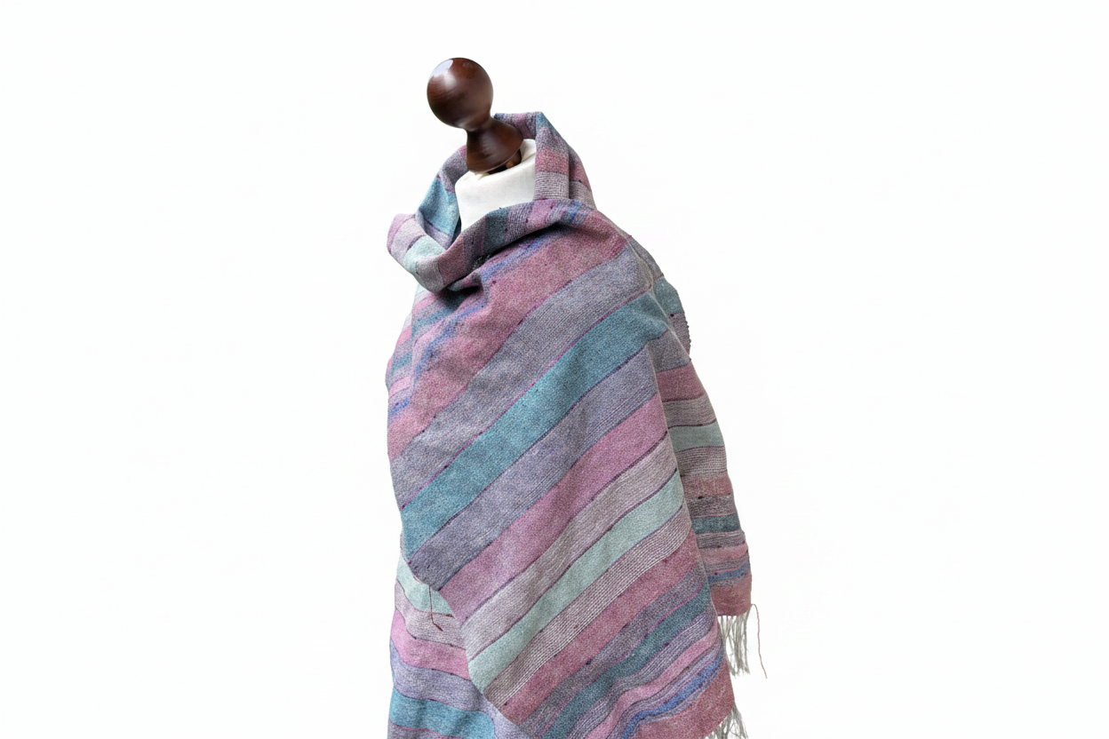 Hand-woven raspberry, green-striped silk scarf