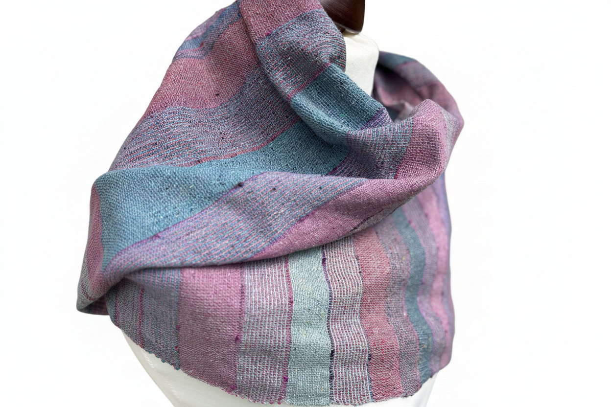 Hand-woven raspberry, green-striped silk scarf