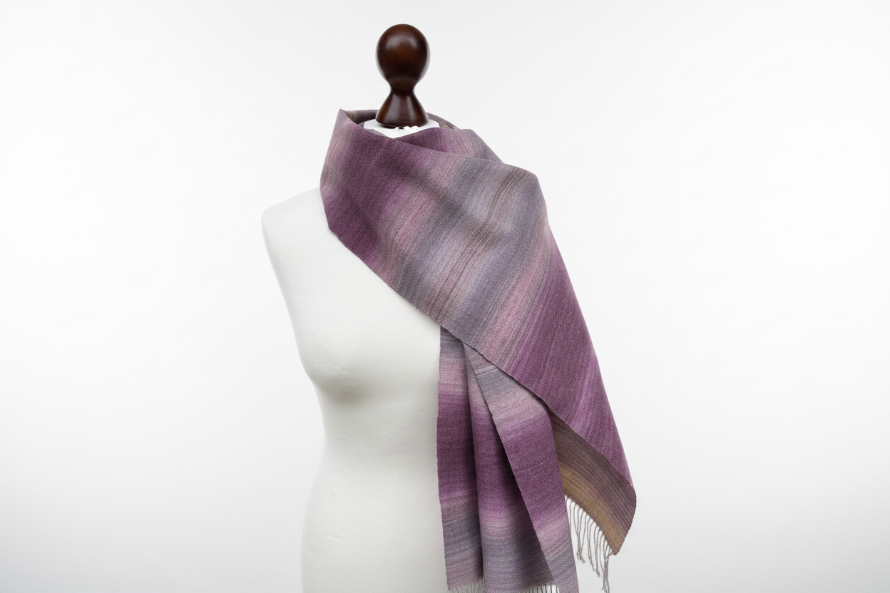 Handgewebter lila-rosa Farbverlauf Merino - Seidenschal - Luxuriöser Wollschal