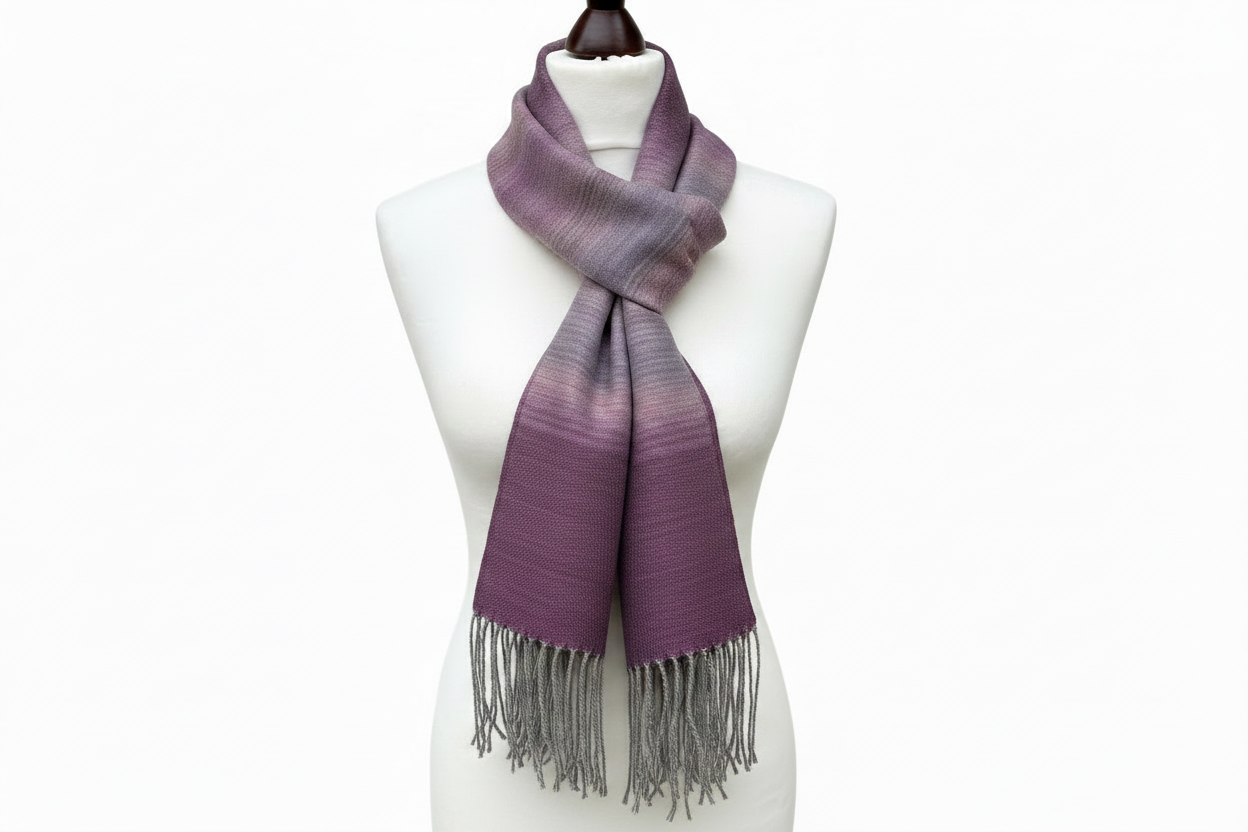 Handgewebter lila-rosa Farbverlauf Merino - Seidenschal - Luxuriöser Wollschal