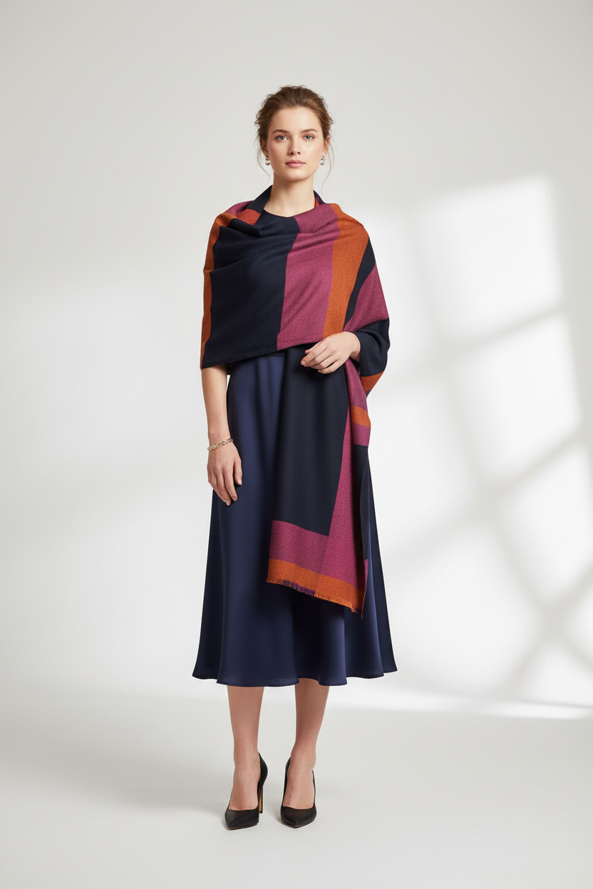 Navy Merino Wool Shawl modell