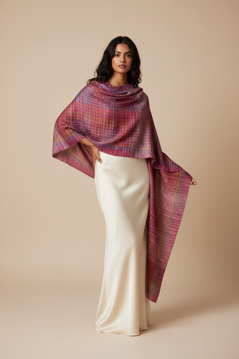 Raspberry Striped Silk Scarf modell