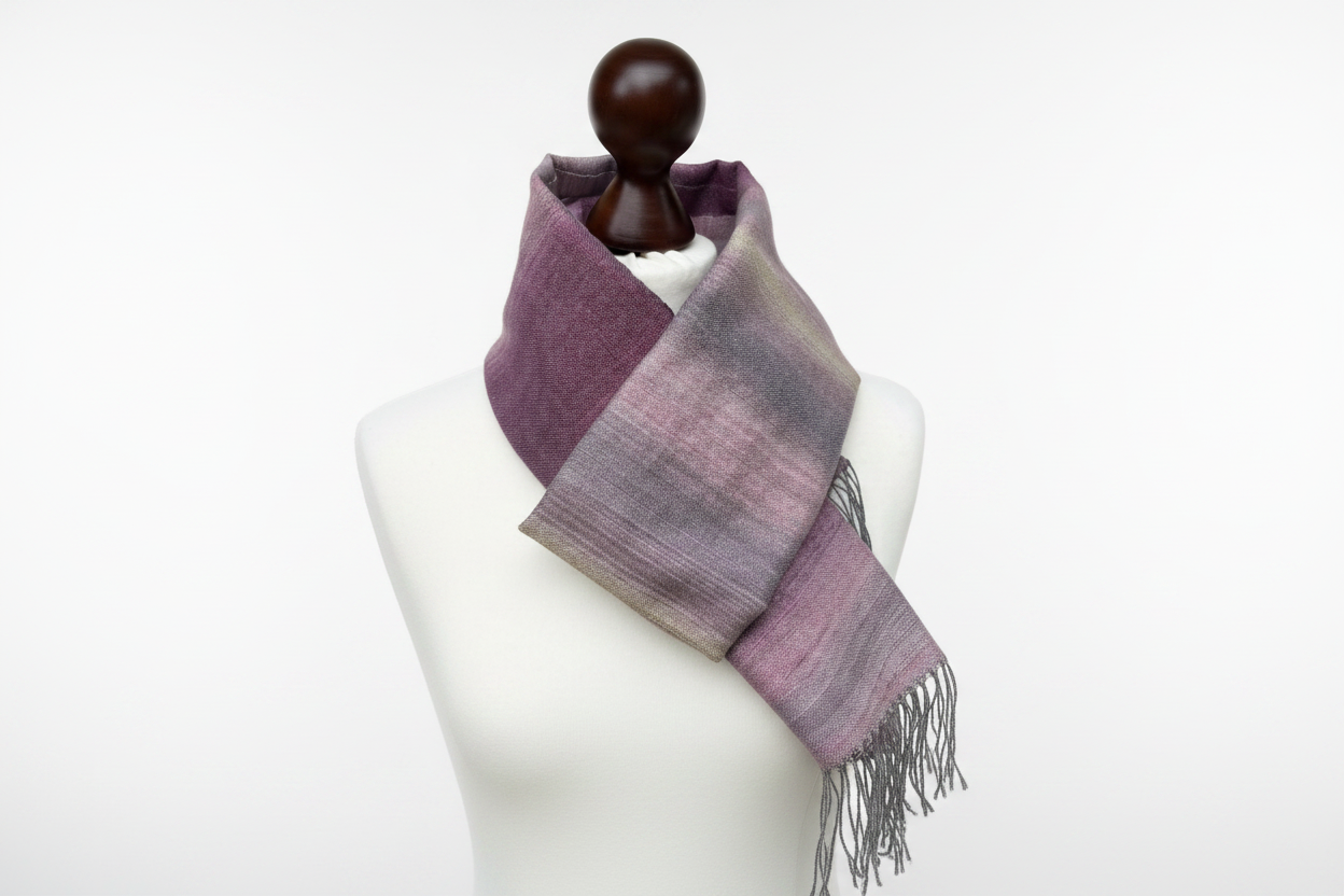 Handgewebter lila-rosa Farbverlauf Merino - Seidenschal - Luxuriöser Wollschal