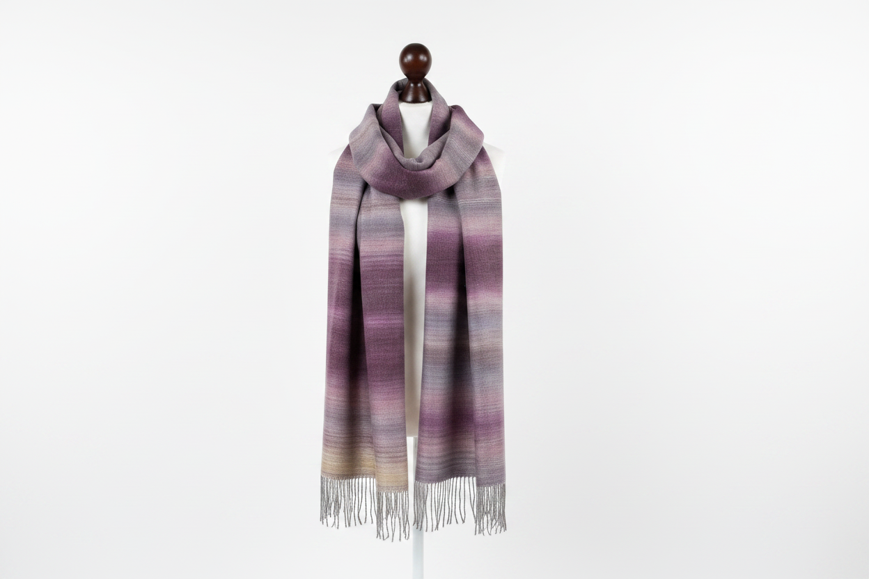 Handgewebter lila-rosa Farbverlauf Merino - Seidenschal - Luxuriöser Wollschal