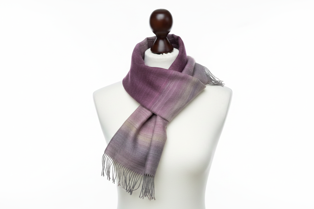 Handgewebter lila-rosa Farbverlauf Merino - Seidenschal - Luxuriöser Wollschal