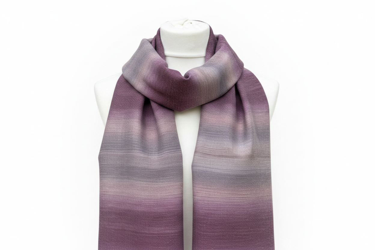 Handgewebter lila-rosa Farbverlauf Merino - Seidenschal - Luxuriöser Wollschal